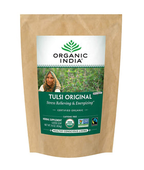 Organic India Tulsi Original loose-leaf tea bundle ready for infusion.