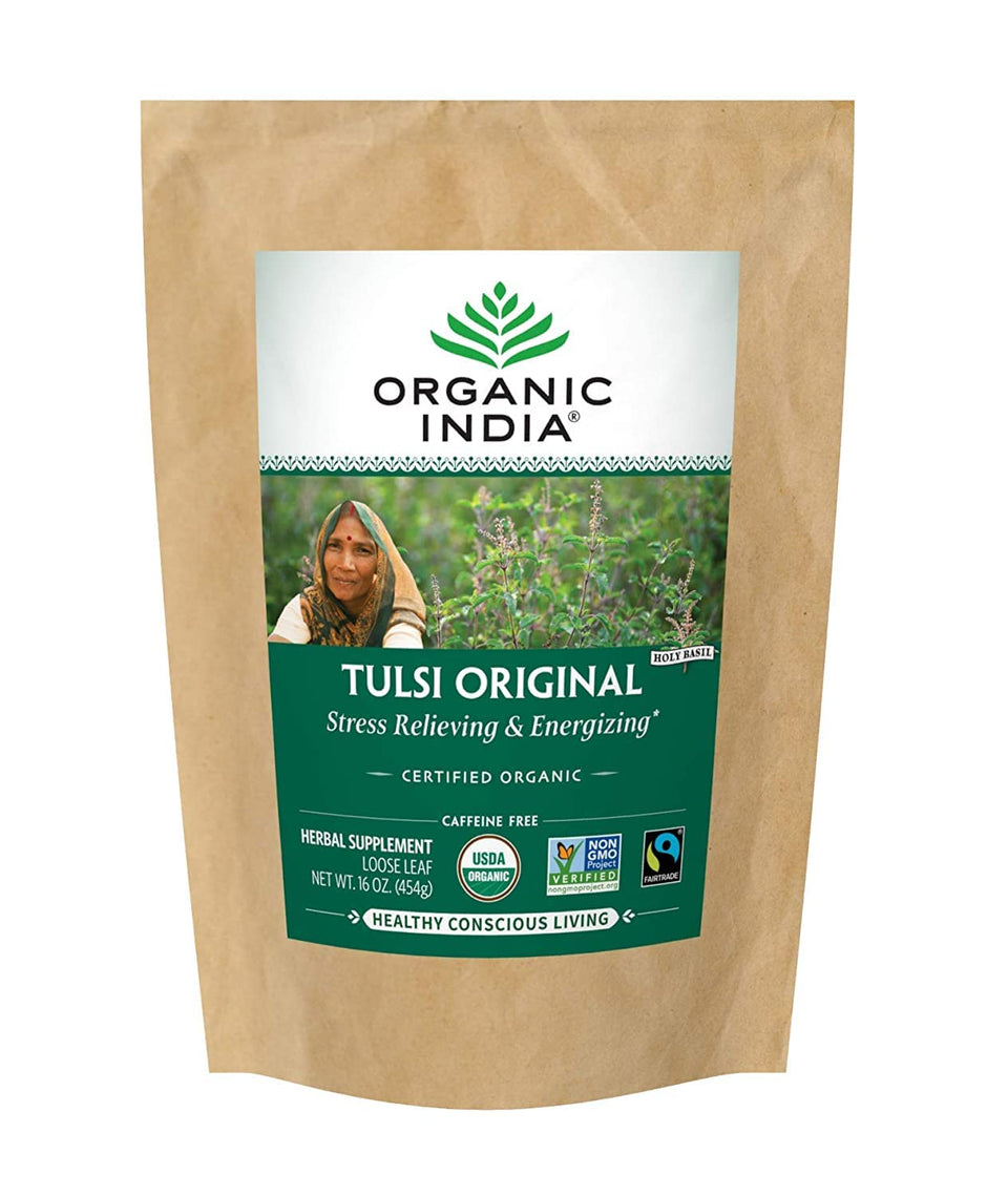 Organic India Tulsi Original loose-leaf tea bundle ready for infusion.