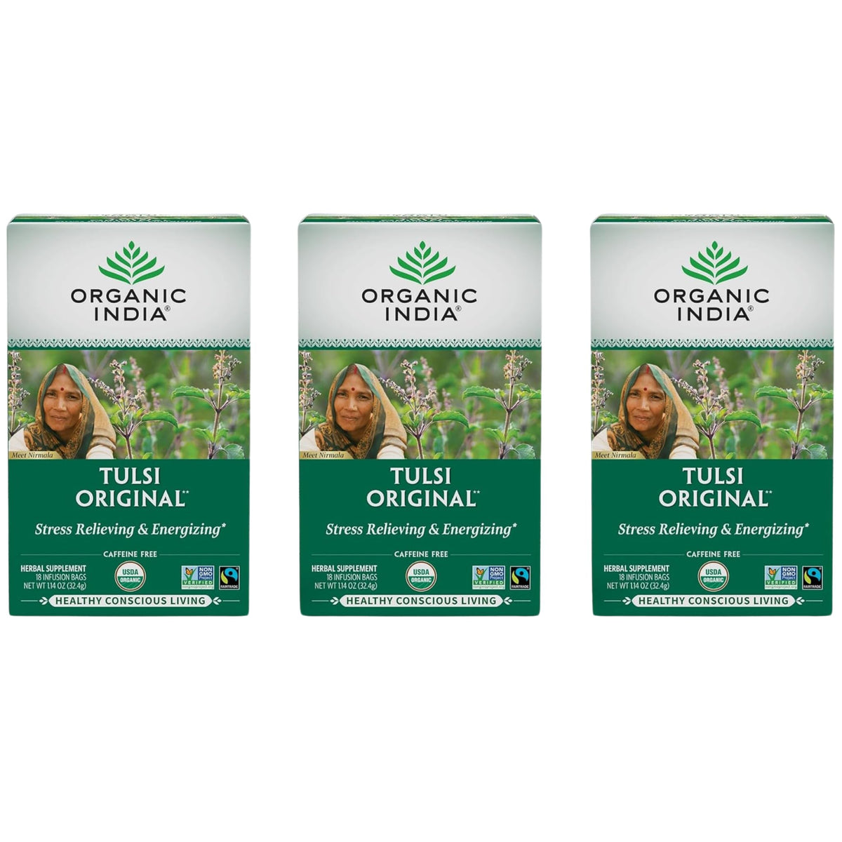 Organic India Tulsi Original Tea box showing the three-pack for calm daily moments