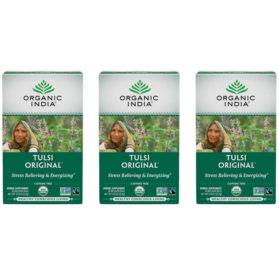 Organic India Tulsi Original Tea box showing the three-pack for calm daily moments