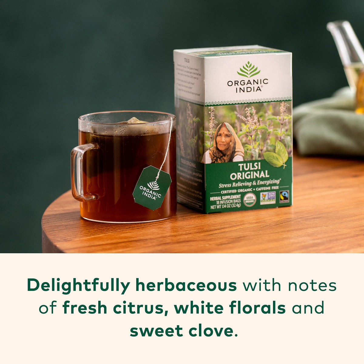 ORGANIC INDIA Tulsi Original tea cup steaming for a comforting caffeine-free break