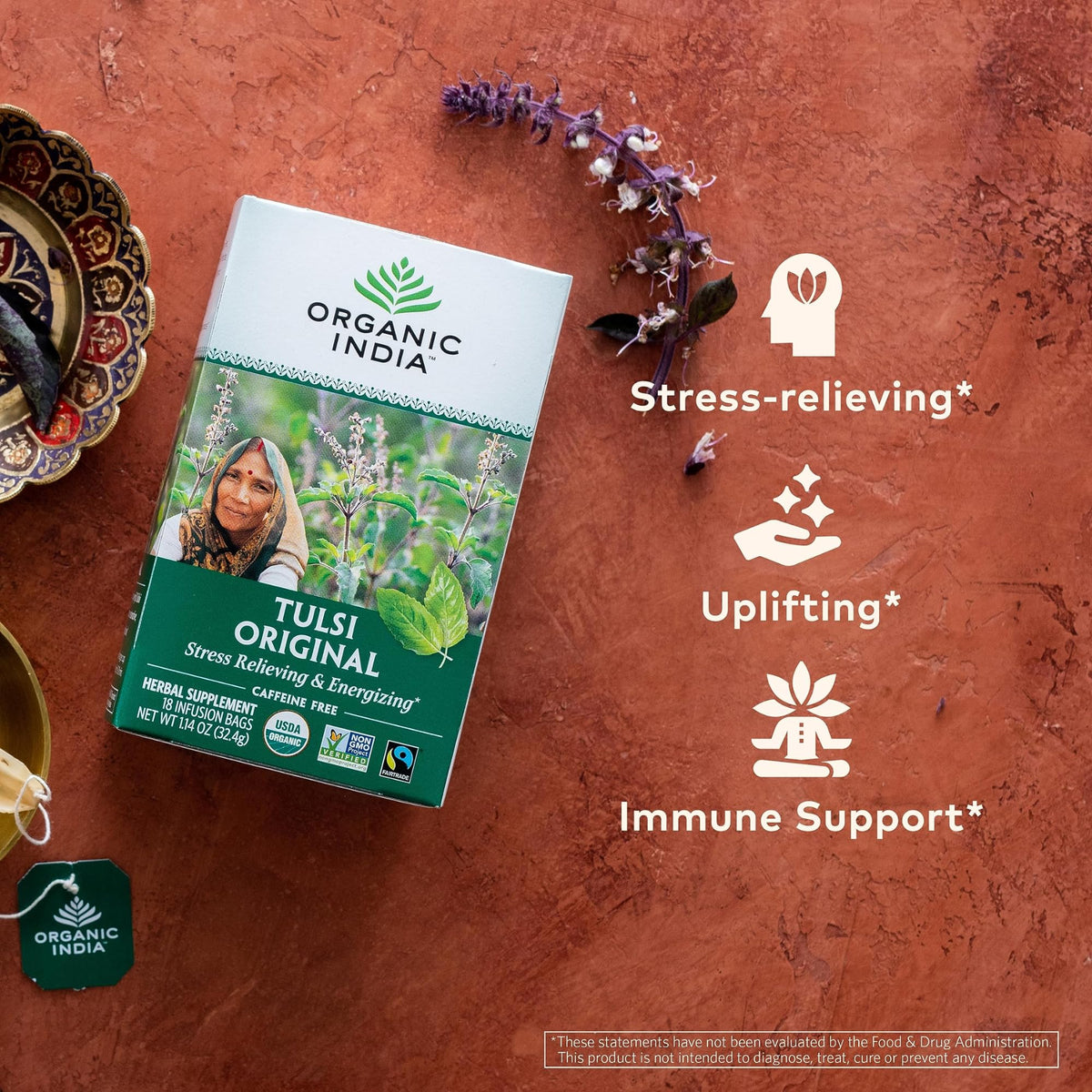 Organic India Tulsi Original Tea cup steep releasing floral citrus notes for relaxation