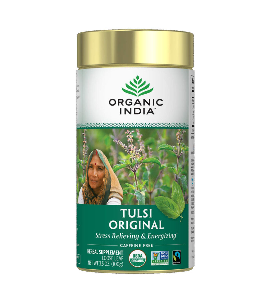 Organic India Tulsi Original packaging highlights freshness and ethical sourcing