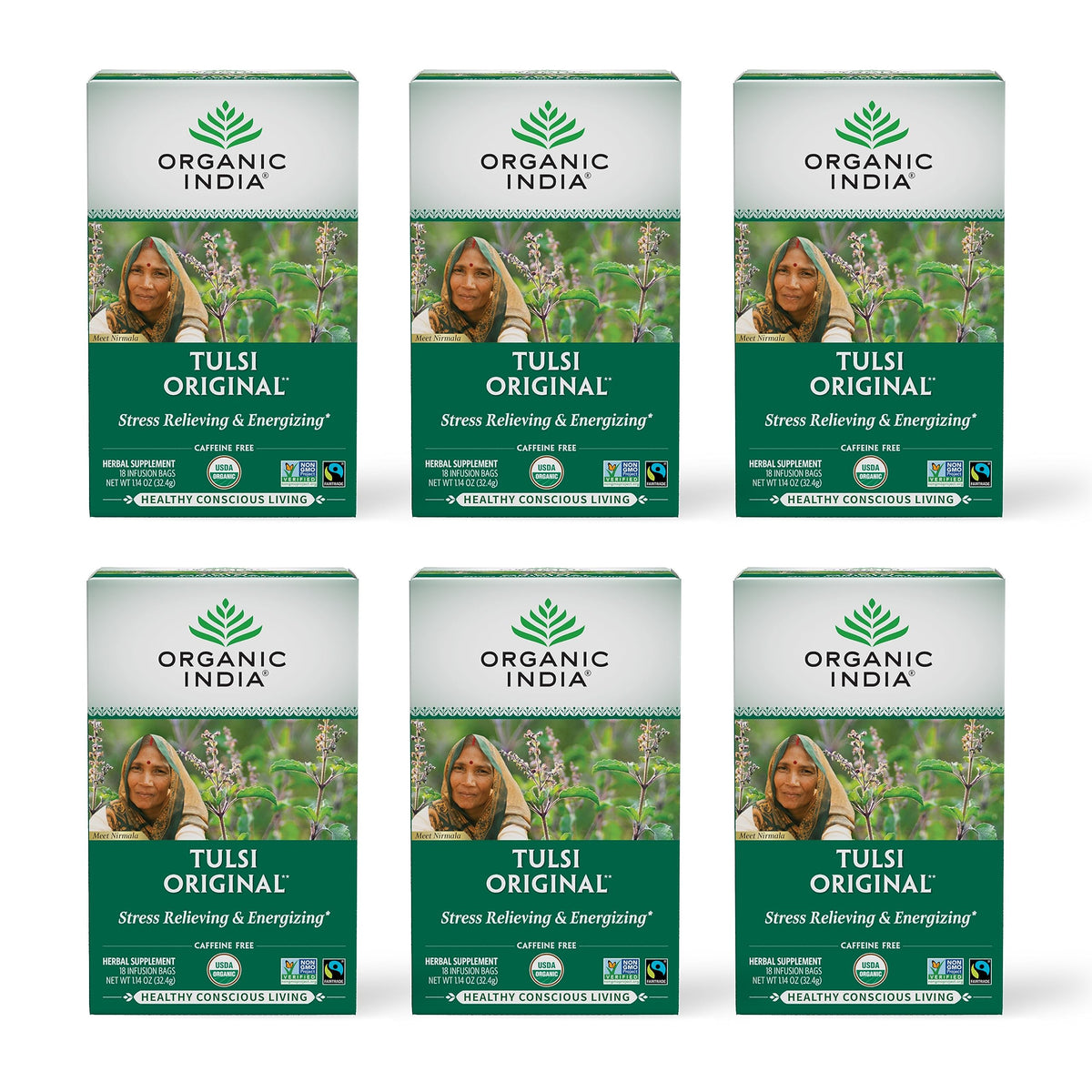 ORGANIC INDIA Tulsi Original tea packaging invites calm for daily ritual
