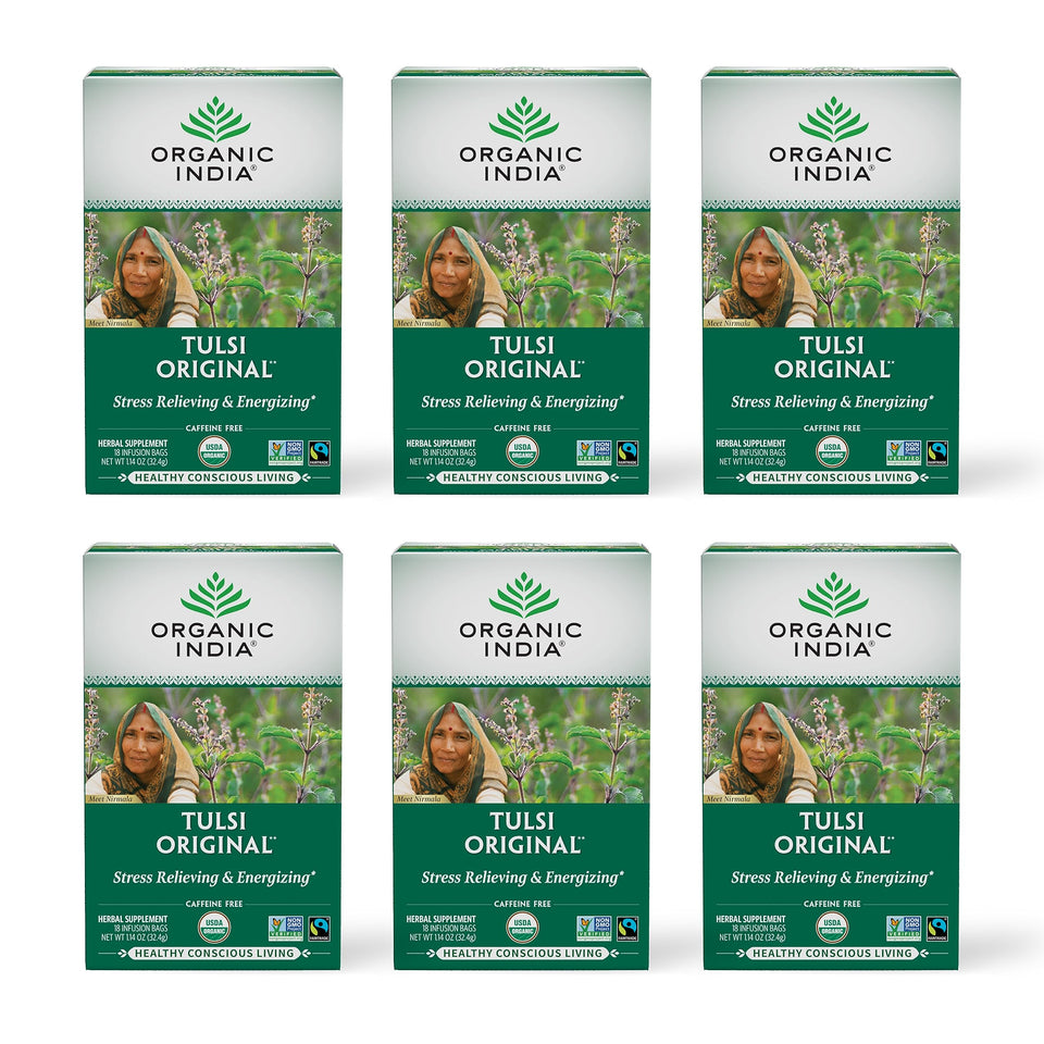 ORGANIC INDIA Tulsi Original tea packaging invites calm for daily ritual