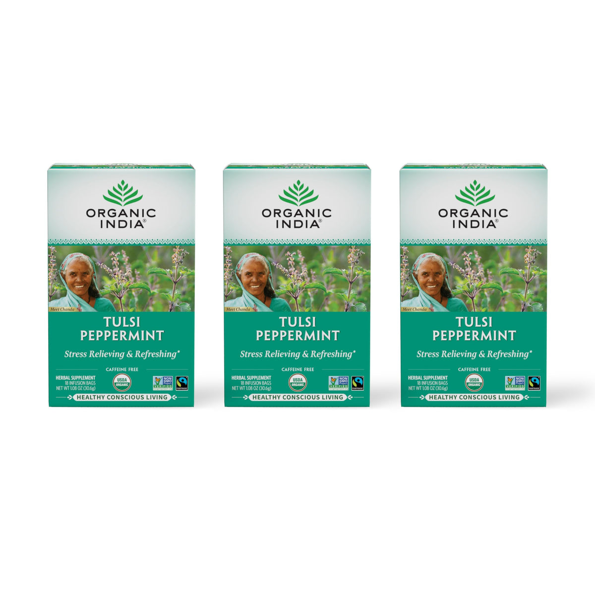 Three-pack ORGANIC INDIA Tulsi Peppermint Tea option for gifting