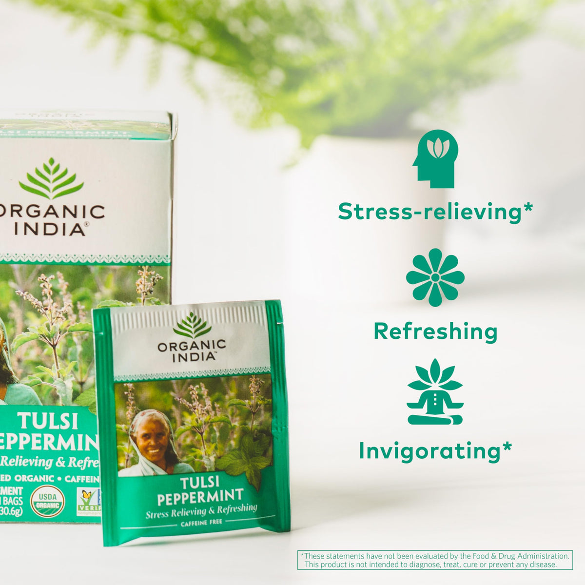 ORGANIC INDIA Tulsi Peppermint Tea dry bags ready to steep for a calming cup