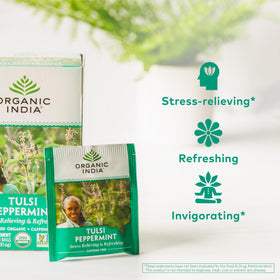ORGANIC INDIA Tulsi Peppermint Tea dry bags ready to steep for a calming cup