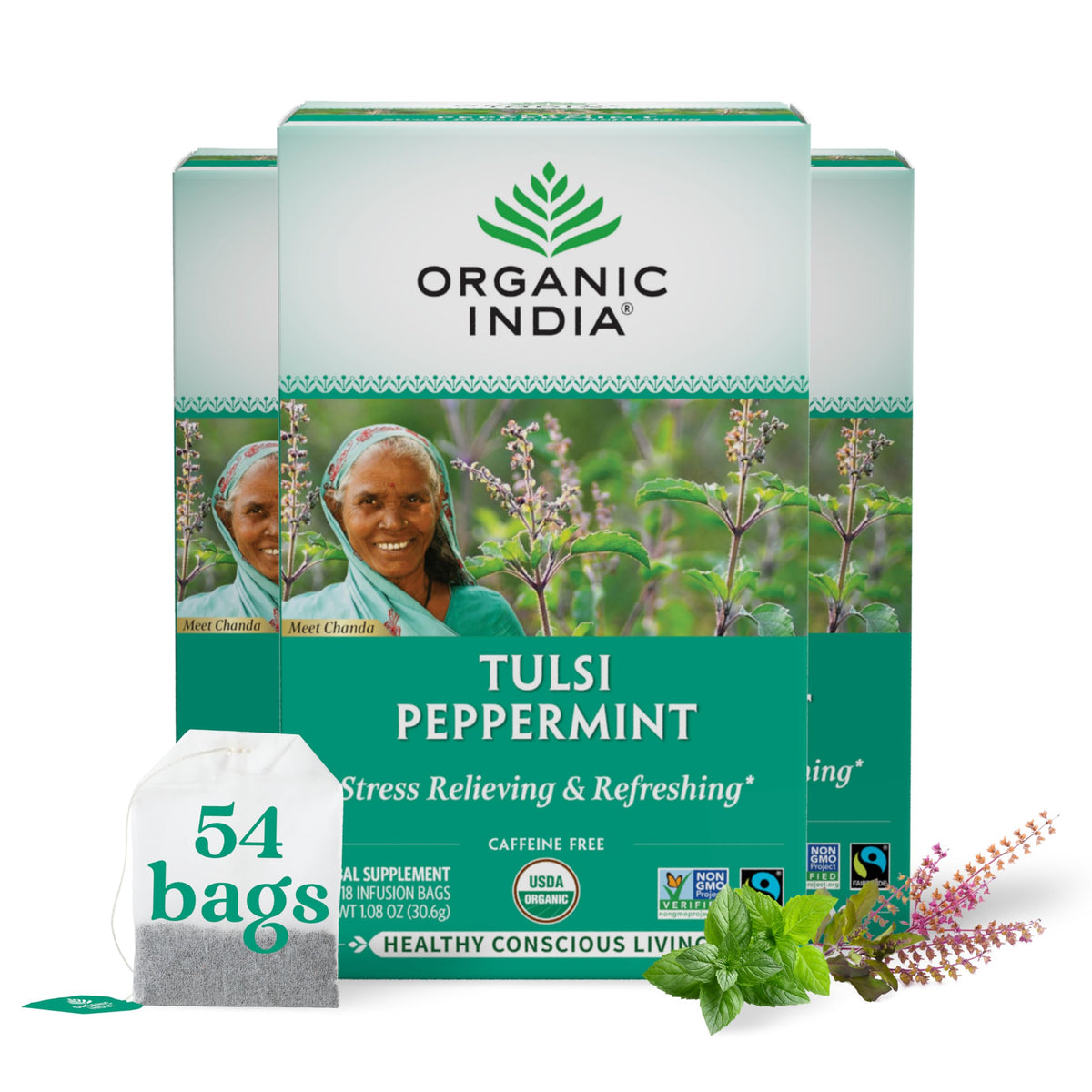 ORGANIC INDIA Tulsi Peppermint Tea pack with a three-pack and organic certification