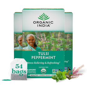 ORGANIC INDIA Tulsi Peppermint Tea pack with a three-pack and organic certification