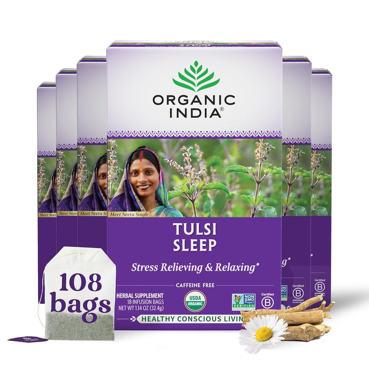 Organic India Tulsi Sleep Tea infusion bags invite a calming evening ritual.