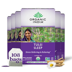 Organic India Tulsi Sleep Tea infusion bags invite a calming evening ritual.