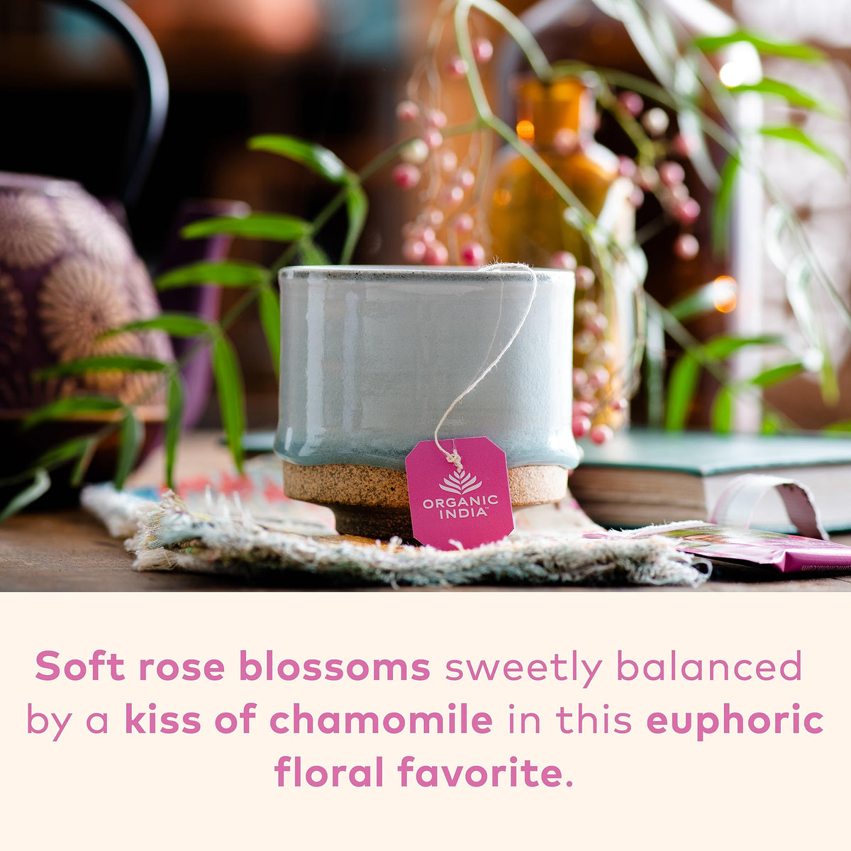 Organic India Tulsi Sweet Rose brew in a cup, soothing aroma
