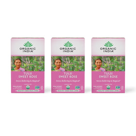 Organic India Tulsi Sweet Rose Tea bags offer a calming floral aroma for a relaxing tea break.