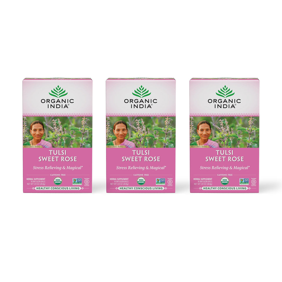Organic India Tulsi Sweet Rose Tea bags offer a calming floral aroma for a relaxing tea break.
