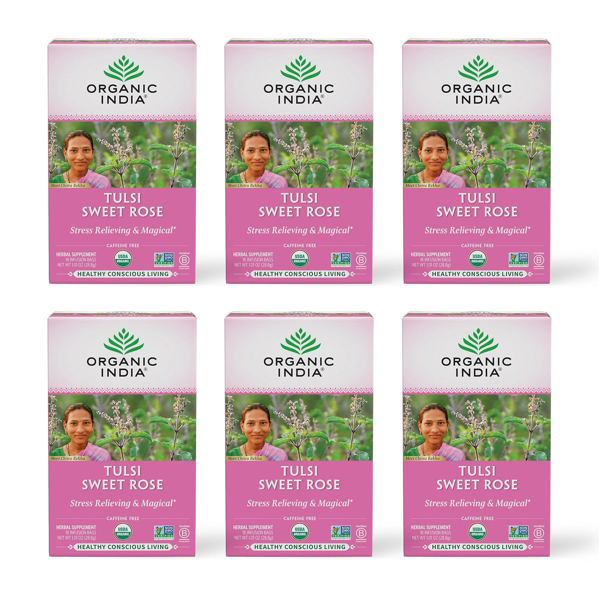 Organic India Tulsi Sweet Rose Tea box front showing premium organic blend