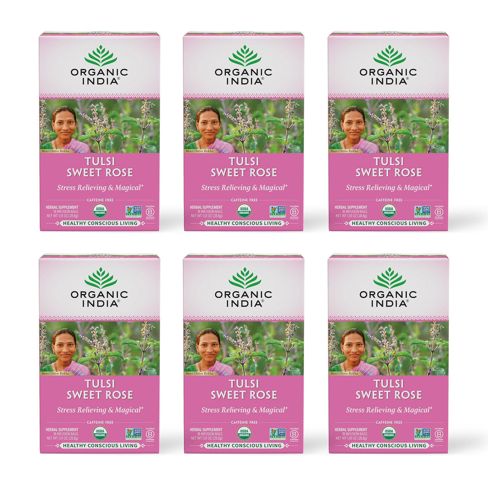 Organic India Tulsi Sweet Rose Tea box front showing premium organic blend
