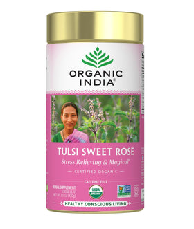Organic India Tulsi Sweet Rose Tea canister shown, promotes relaxation through a calming floral blend.