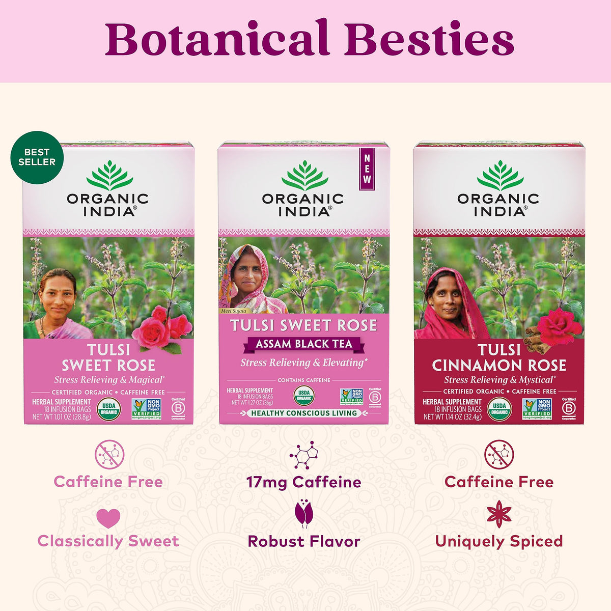 Organic India Tulsi Sweet Rose Tea chamomile blossoms closeup with relaxing aroma