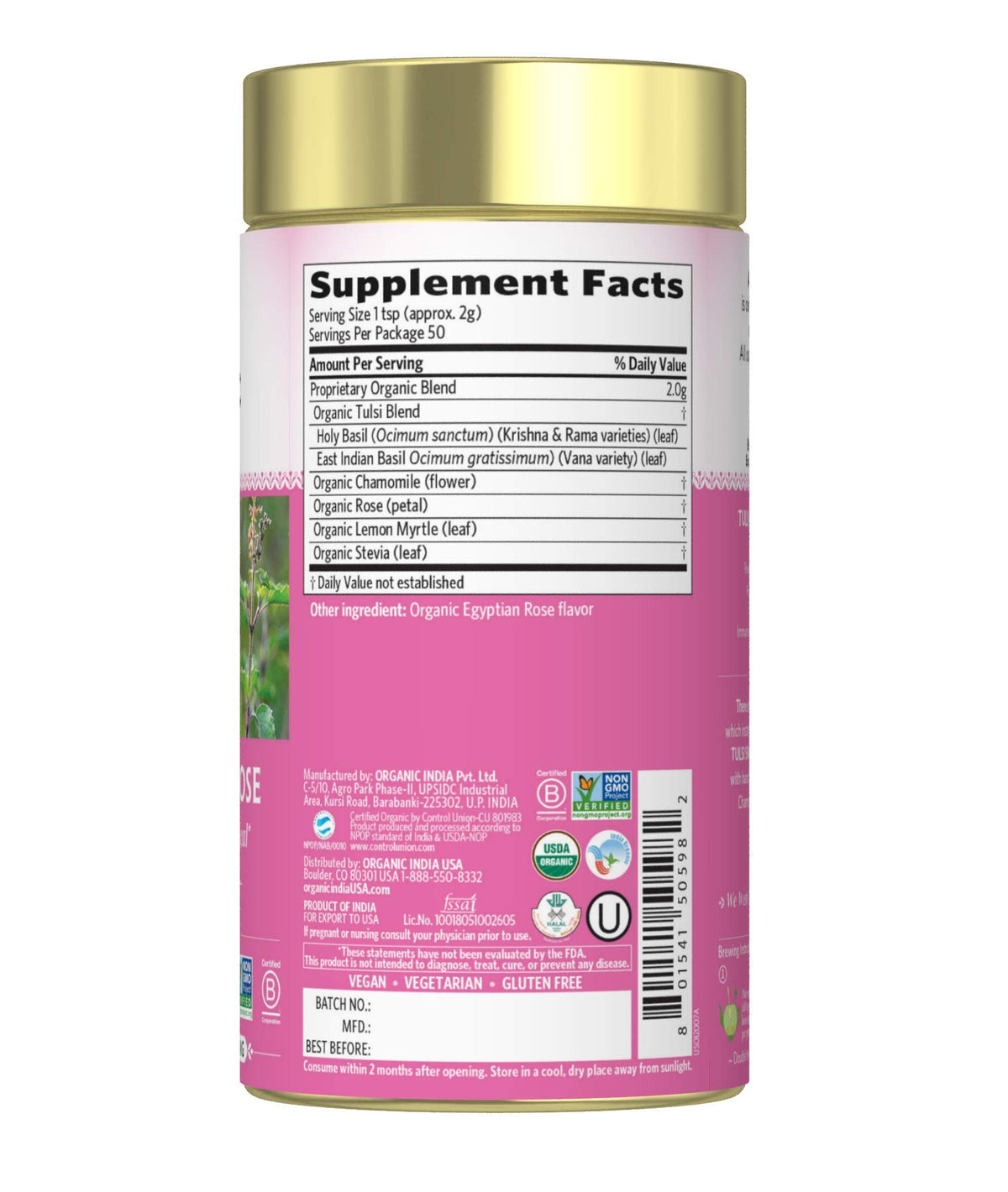 Organic India Tulsi Sweet Rose Tea cup of brewed tea with rose aroma and calming notes.