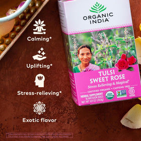 Organic India Tulsi Sweet Rose Tea packaging displays a 3-pack, convenient daily option.
