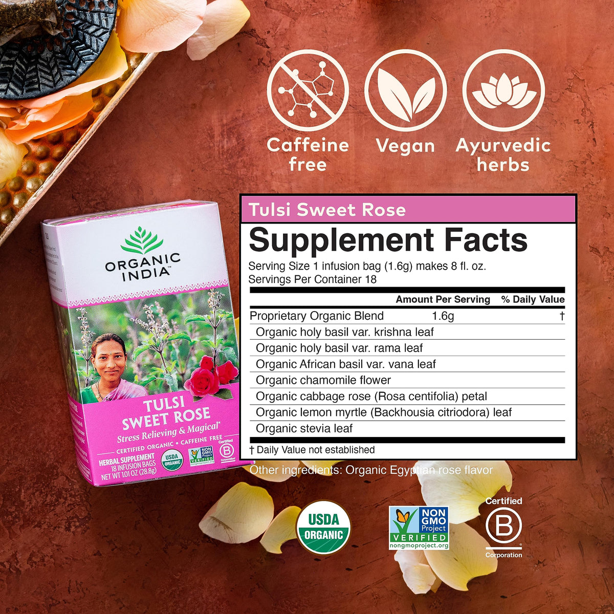 Organic India Tulsi Sweet Rose Tea regenerative Tulsi leaves closeup for infusion ideas
