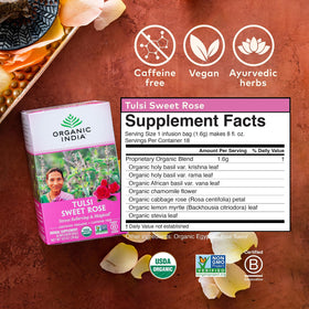 Organic India Tulsi Sweet Rose Tea regenerative Tulsi leaves closeup for infusion ideas