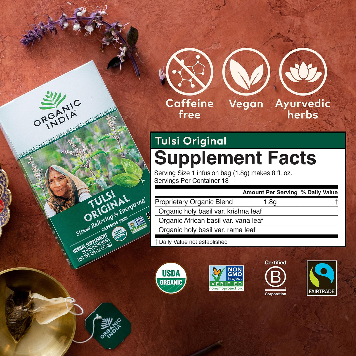 Organic India Tulsi Tea USDA Organic seal on box reinforces trusted quality.