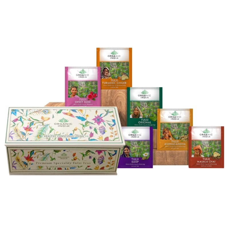 Organic India Tulsi Turmeric Ginger tea bags, vibrant spice notes for digestion-inspired rituals.