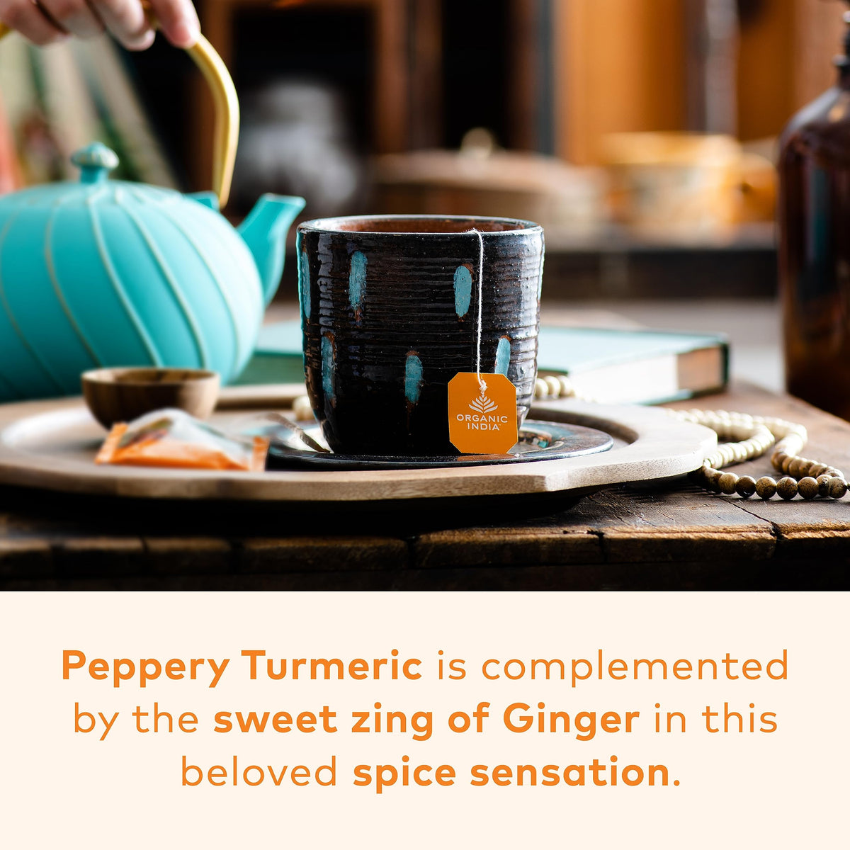 ORGANIC INDIA Tulsi Turmeric Ginger Tea bags ready for caffeine-free sipping