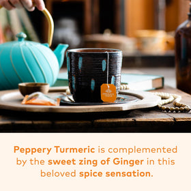 ORGANIC INDIA Tulsi Turmeric Ginger Tea bags ready for caffeine-free sipping