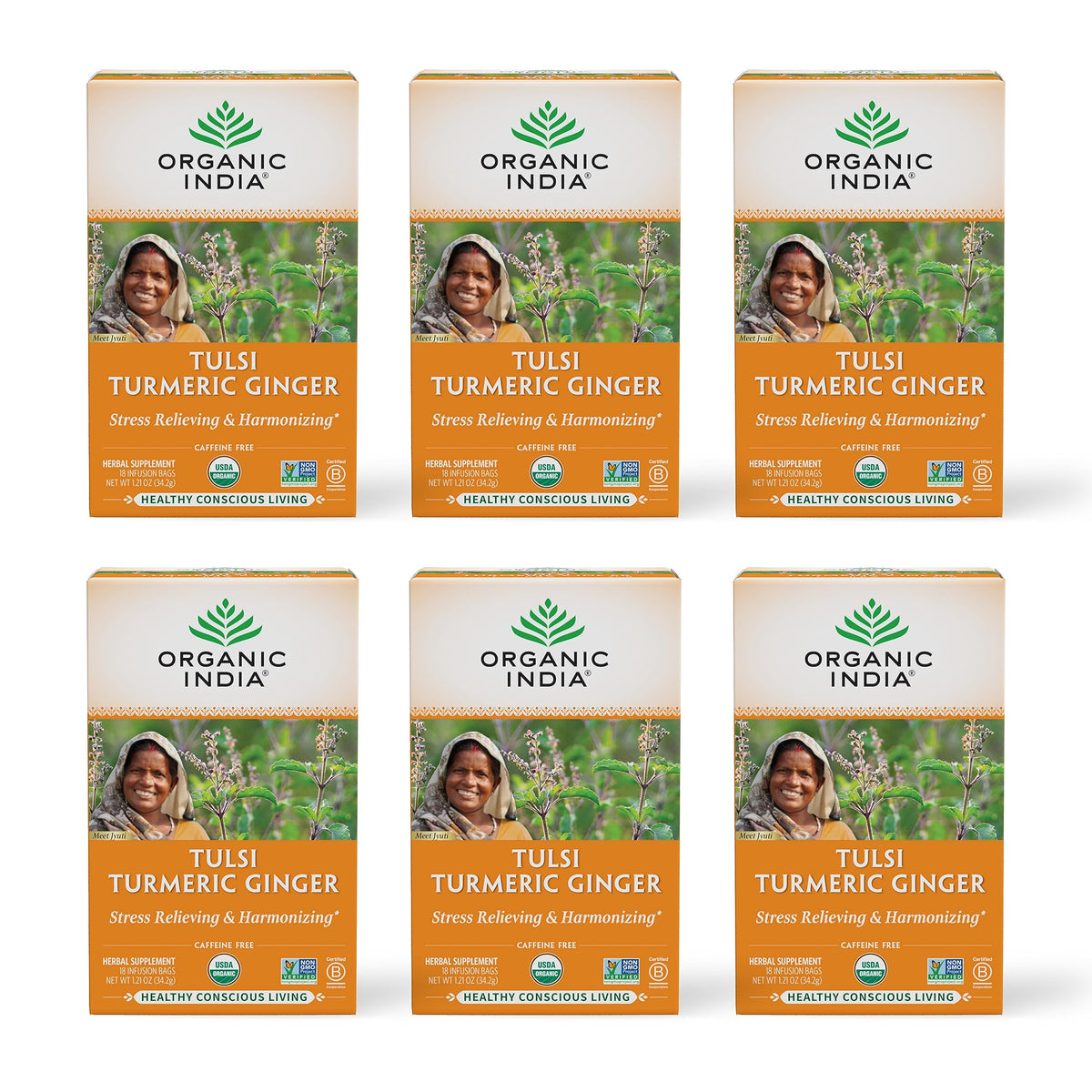 ORGANIC INDIA Tulsi Turmeric Ginger Tea box displayed, inviting calm, balanced moments