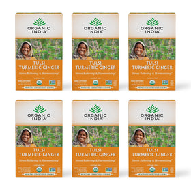ORGANIC INDIA Tulsi Turmeric Ginger Tea box displayed, inviting calm, balanced moments