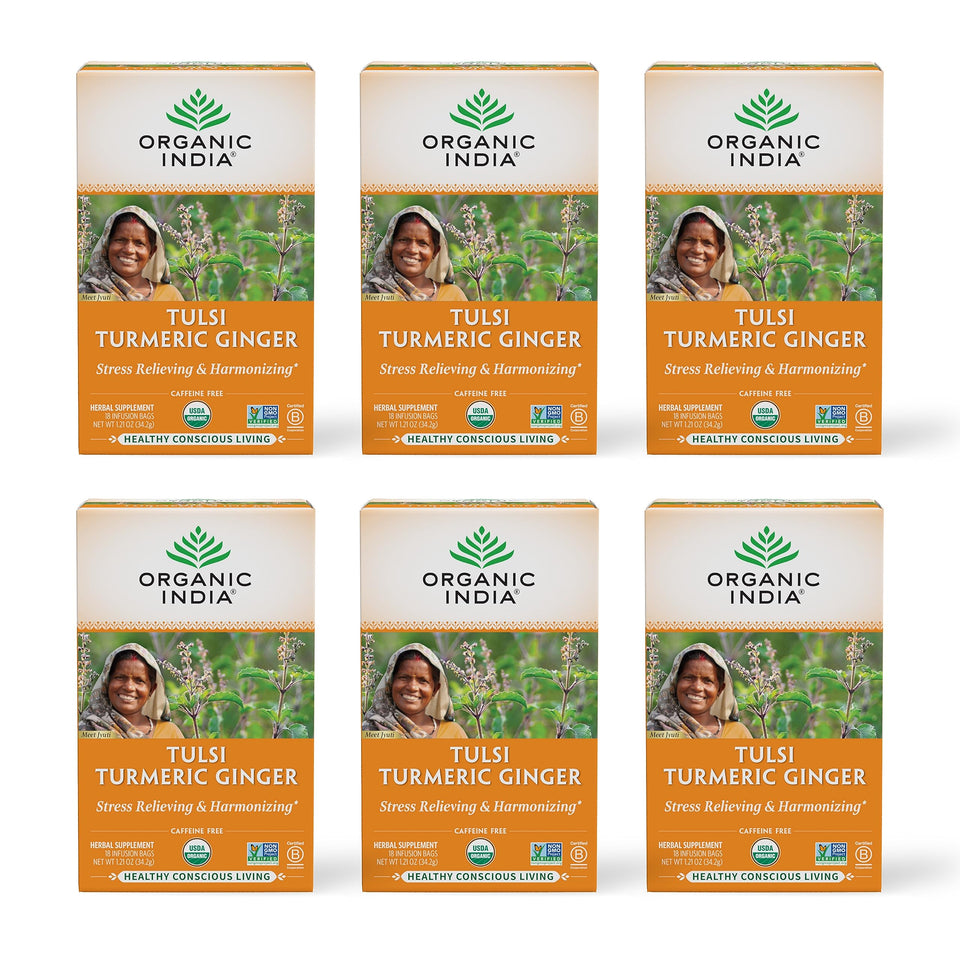 ORGANIC INDIA Tulsi Turmeric Ginger Tea box displayed, inviting calm, balanced moments