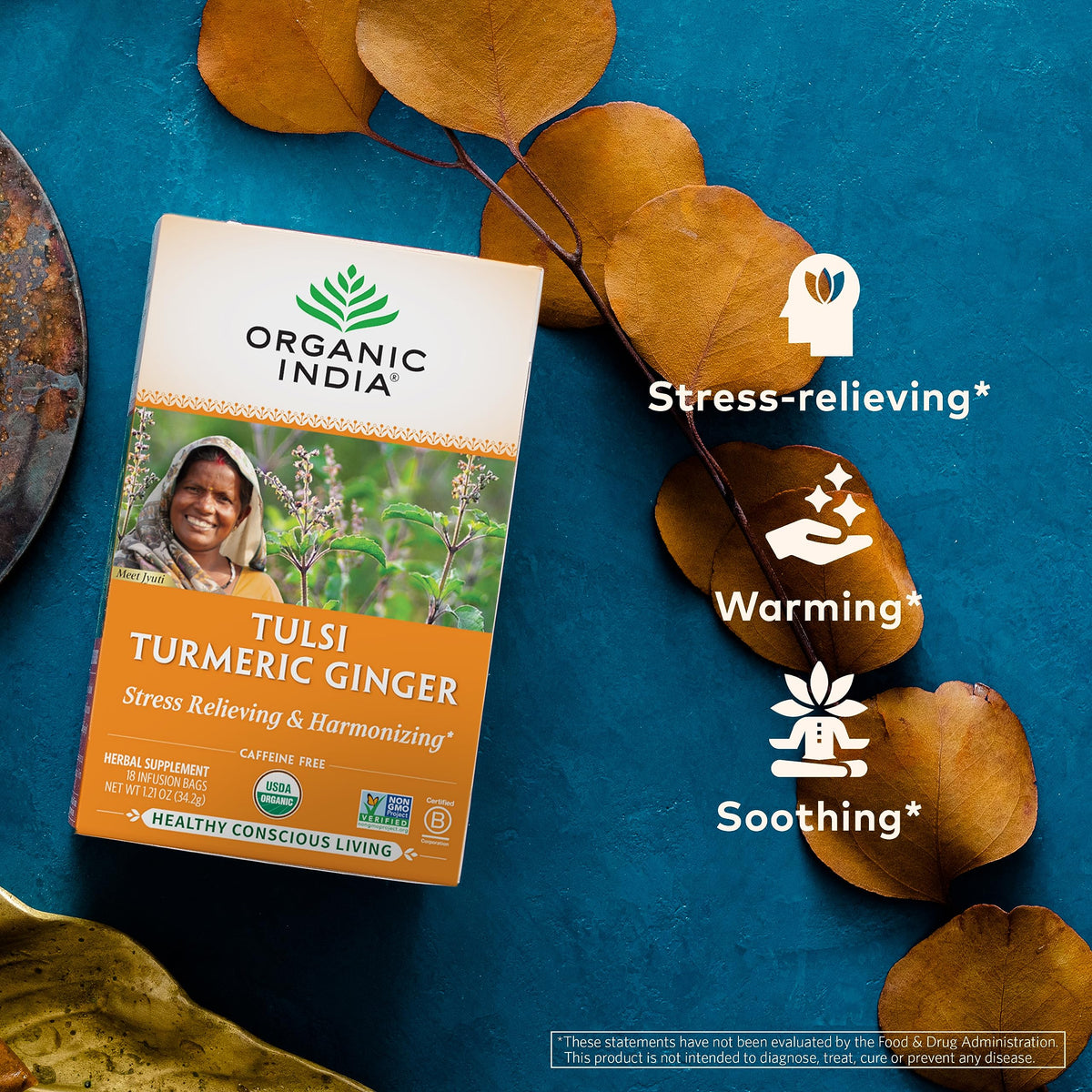 Close-up of ORGANIC INDIA Tulsi Turmeric Ginger Tea herbs for a soothing infusion