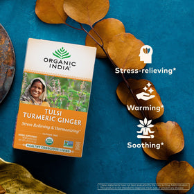 Close-up of ORGANIC INDIA Tulsi Turmeric Ginger Tea herbs for a soothing infusion