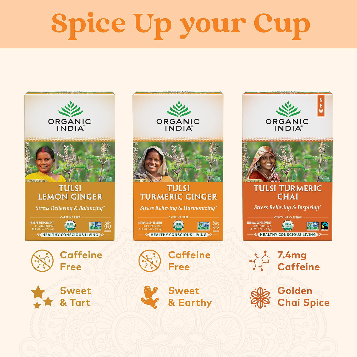Cup with steam beside ORGANIC INDIA Tulsi Turmeric Ginger Tea for cozy comfort