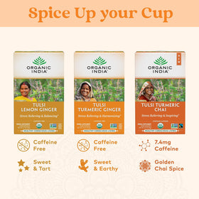 Cup with steam beside ORGANIC INDIA Tulsi Turmeric Ginger Tea for cozy comfort