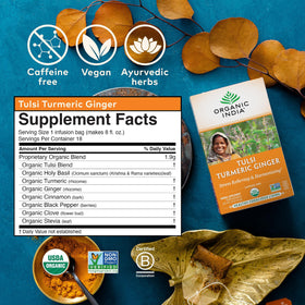 Kitchen scene with ORGANIC INDIA Tulsi Turmeric Ginger Tea package and setup