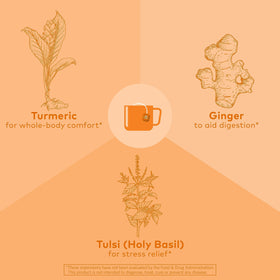 Tea steeping in a cup with steam featuring ORGANIC INDIA Tulsi Turmeric Ginger