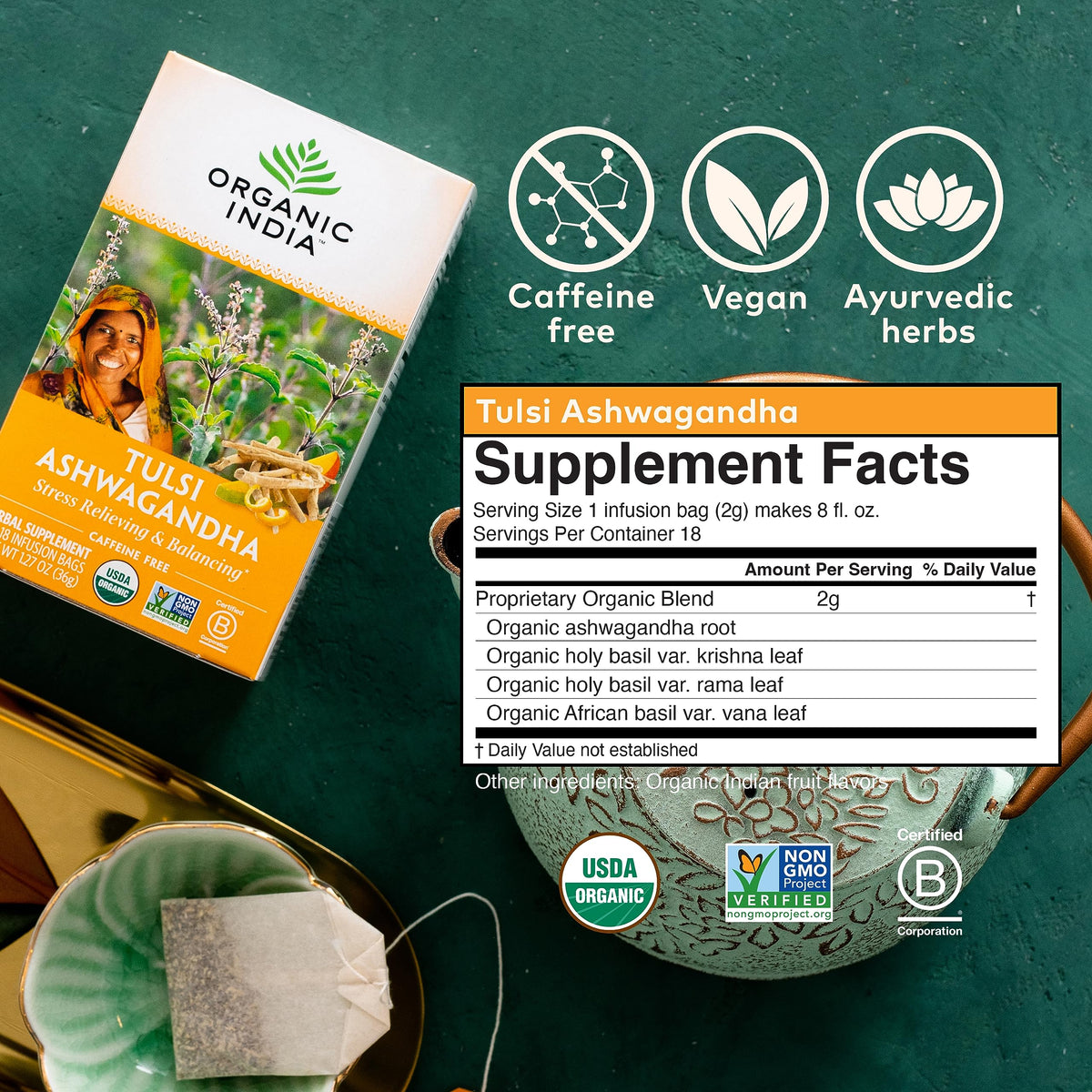 Organic India vegan USDA Organic certified tea variety pack offers clean sourcing