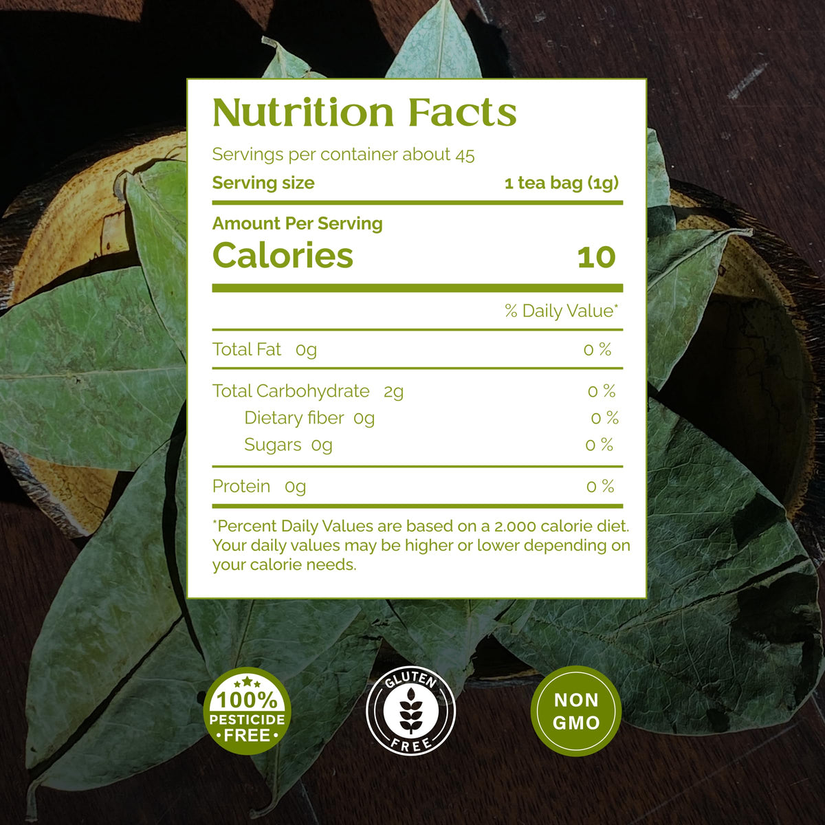 Organic Pharmacist graviola leaf tea packets closeup highlighting pesticide-free sourcing and natural goodness.