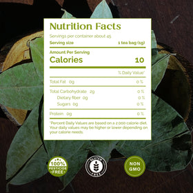 Organic Pharmacist graviola leaf tea packets closeup highlighting pesticide-free sourcing and natural goodness.