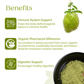 Organic Pharmacist premium soursop leaf powder bag emphasizing sustainable harvesting