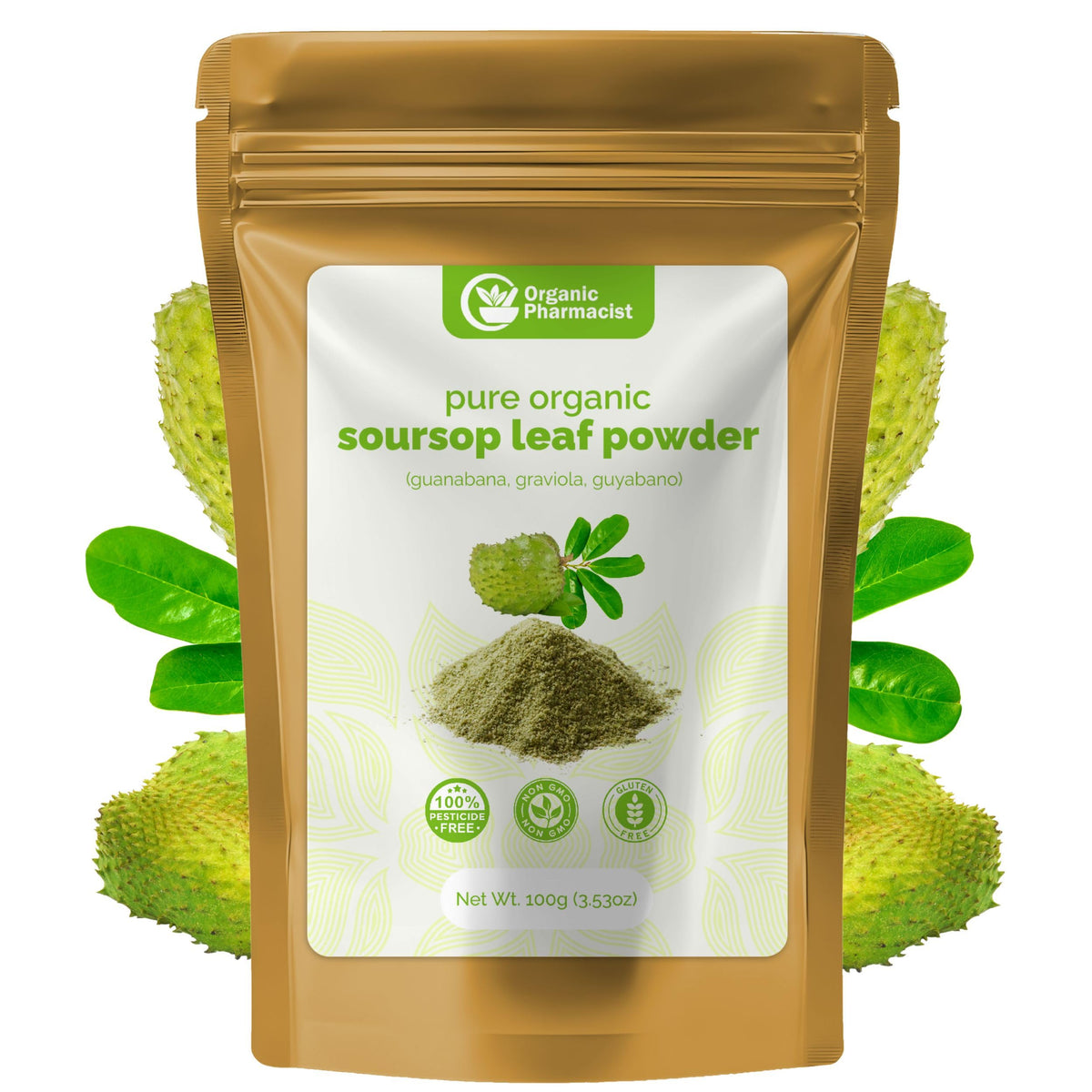 Organic Pharmacist premium soursop leaf powder packaging highlighting pesticide-free sourcing