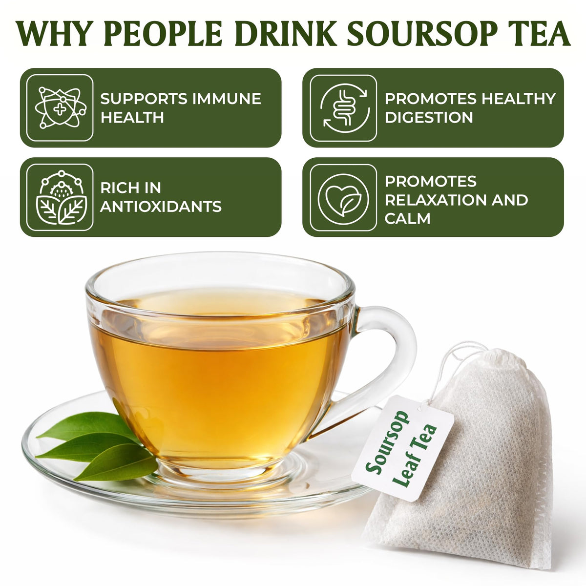 Organic Pharmacist Soursop Tea Bags cut leaves closeup notes 2.5g per bag for robust brewing