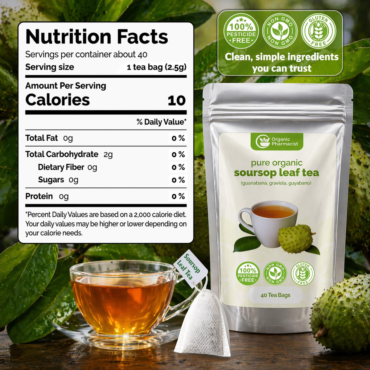 Organic Pharmacist Soursop Tea Bags leaf closeup shows real cut leaves for rich flavor