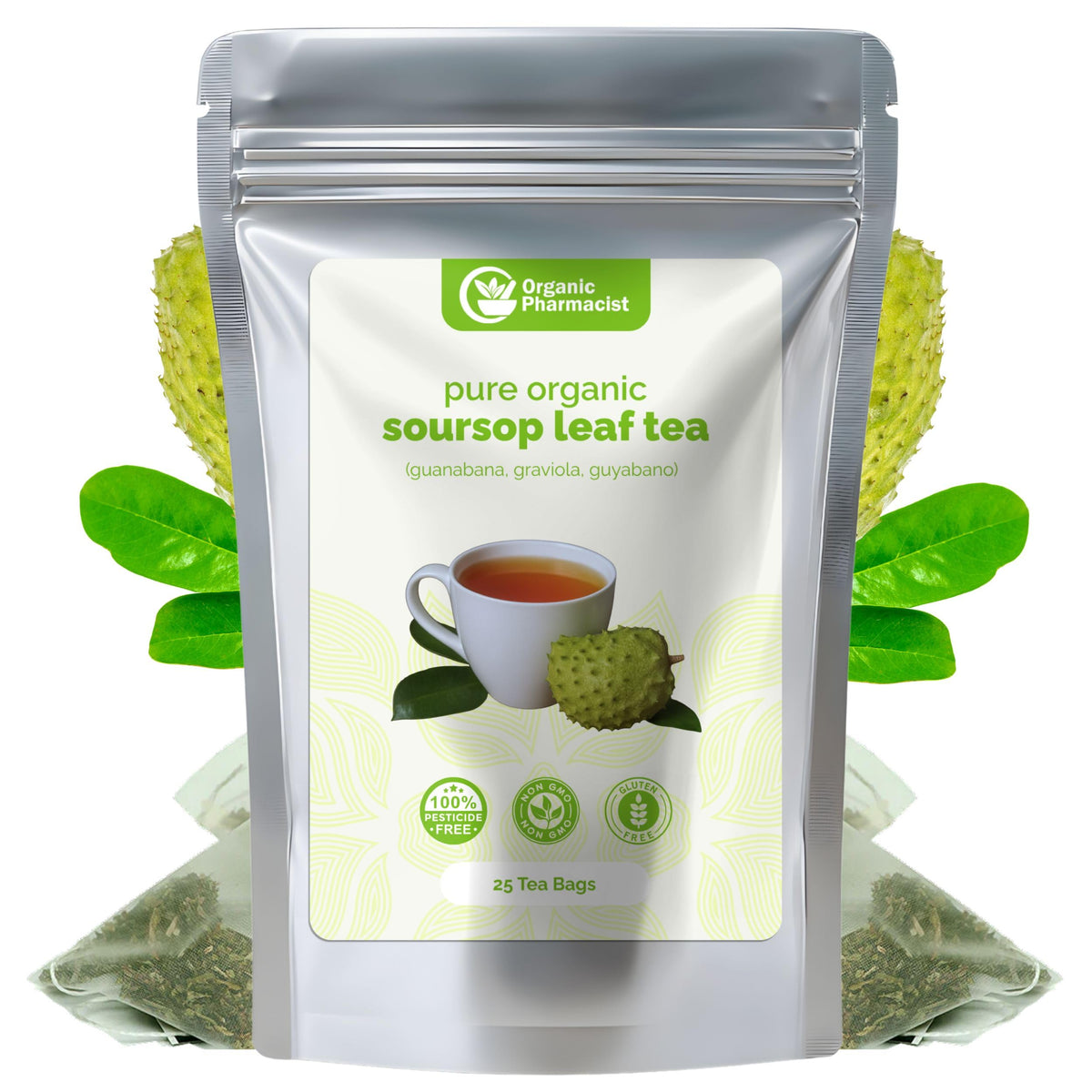 Organic Pharmacist soursop tea bags packaging closeup highlighting premium quality and fresh aroma.