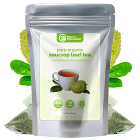 Organic Pharmacist soursop tea bags packaging closeup highlighting premium quality and fresh aroma.