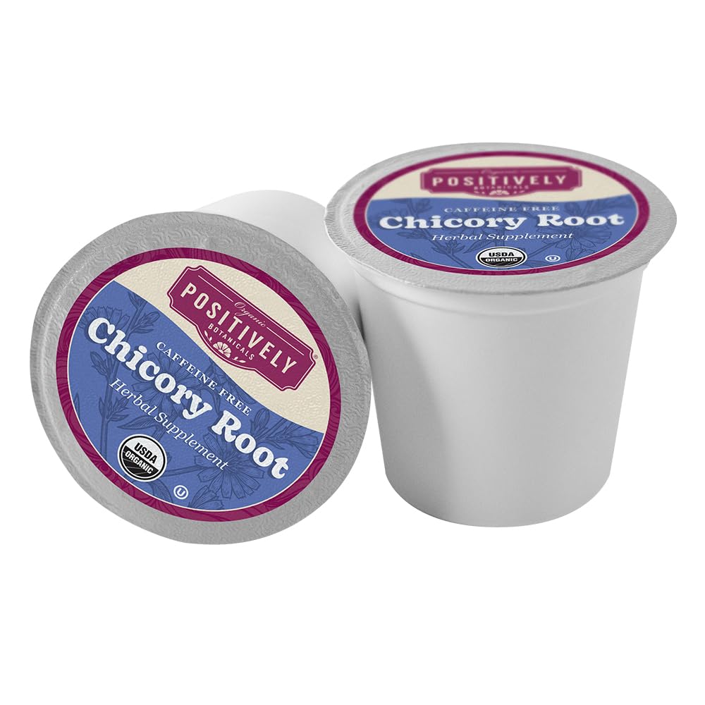 Organic Positively Chicory Root K-Cup Pods box front showcases 24 convenient pods for quick brewing.